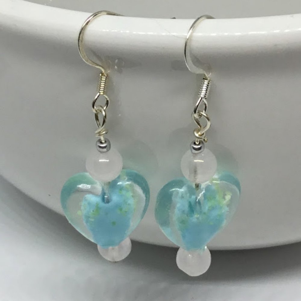 Aqua Glass Heart GLOW IN THE DARK Earrings